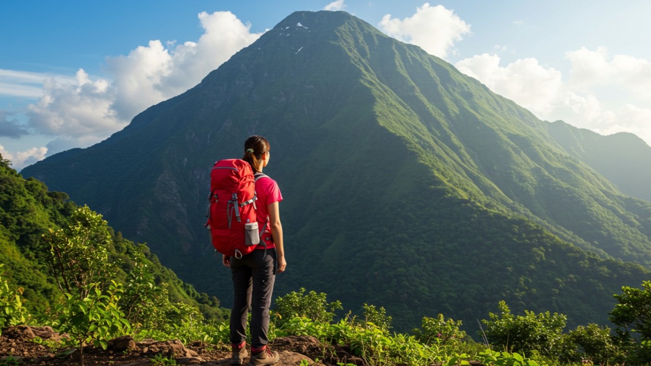 Image FX: A woman at the start of a journey to climb a mountain.
