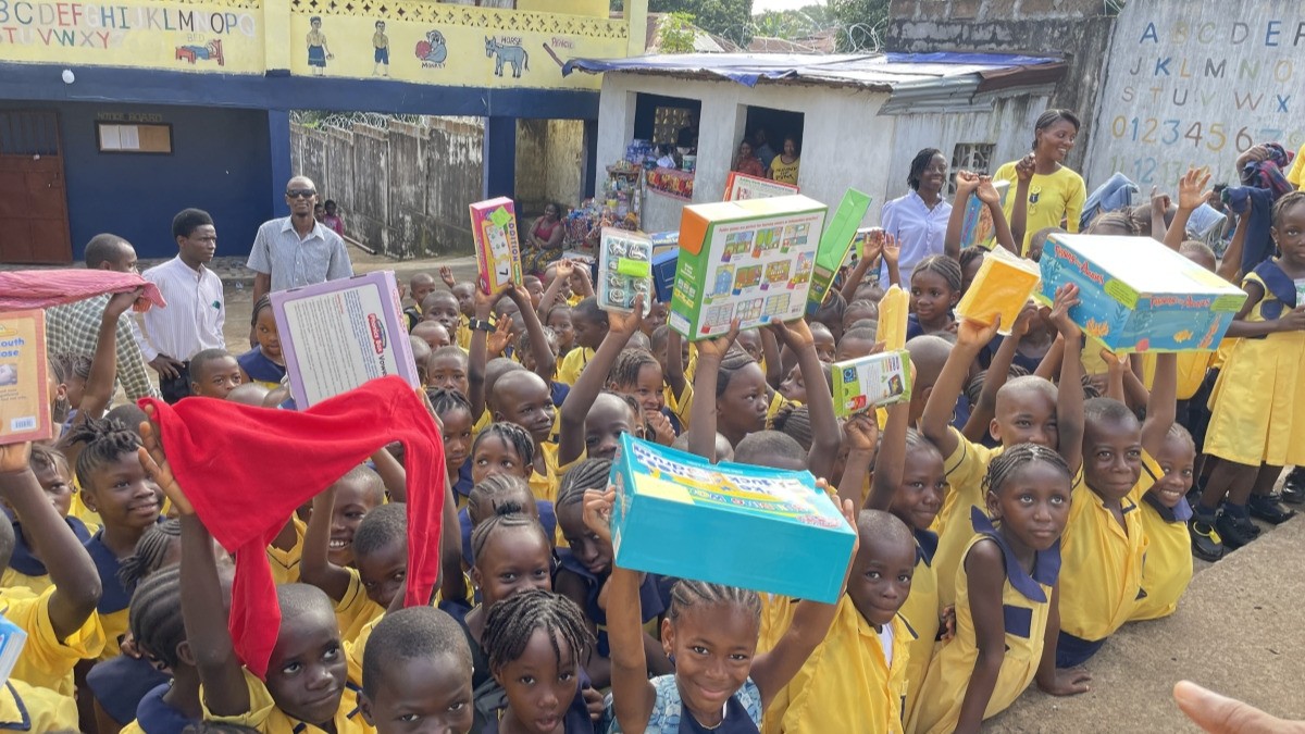 Kids with school and teaching Supplies in Freetown at Dantrimark Academy, September 2025