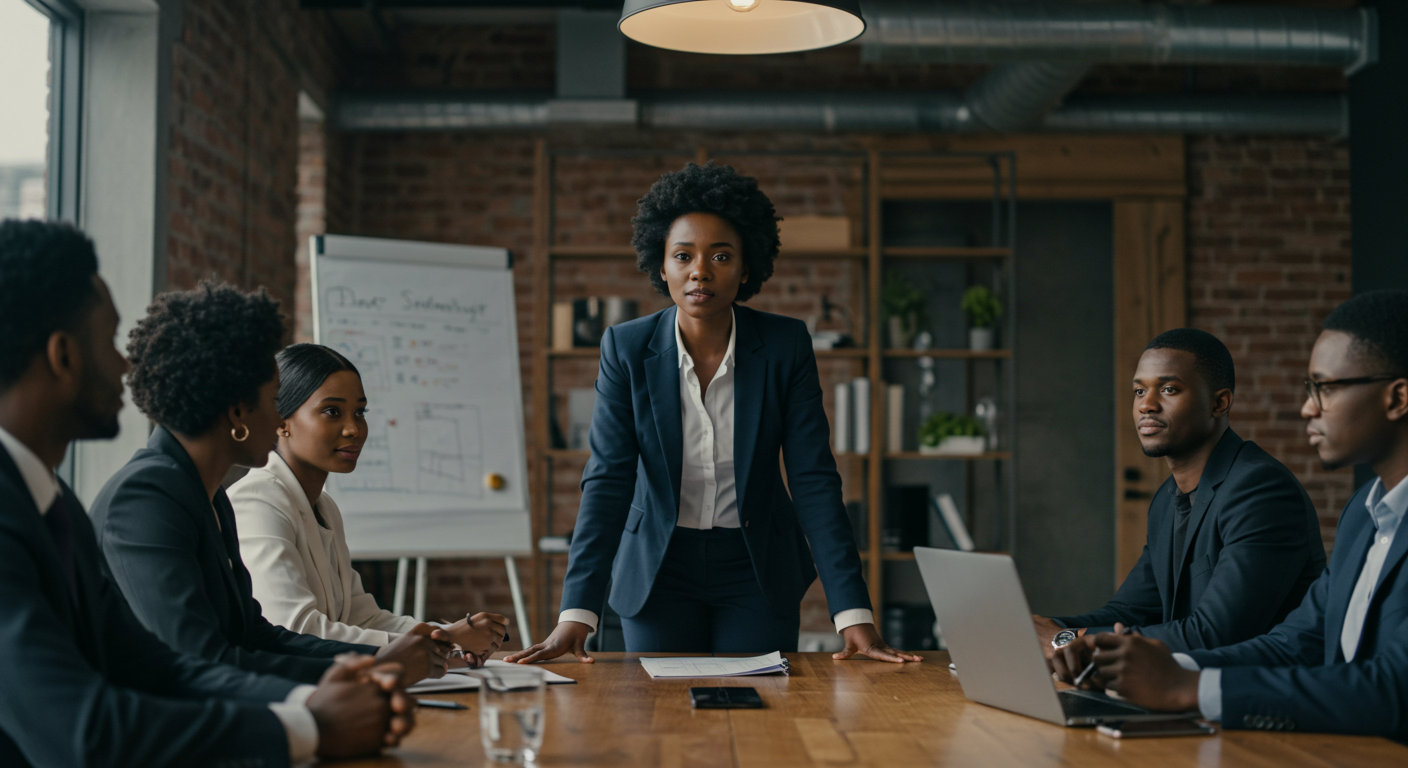 (c) AI Generated. A female leader addressing a group at a corporate event.