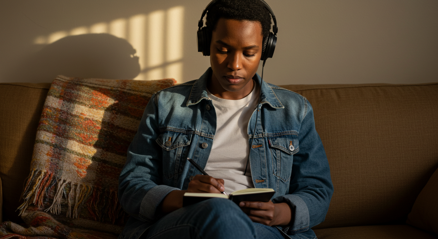 (c) AI Generated. A lady listening to a podcast and taking notes.