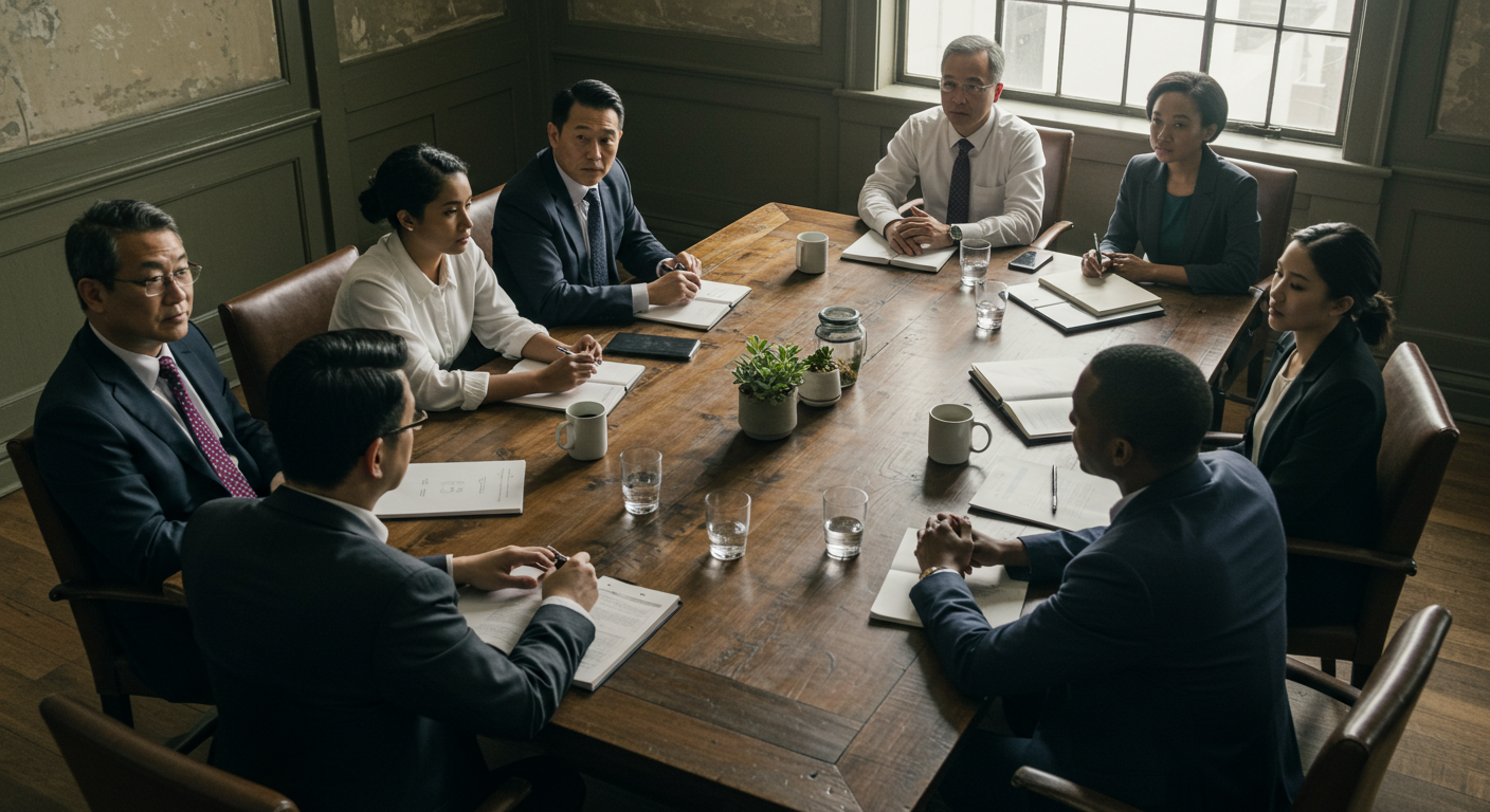 (c) AI Generated. Board members sitting and having a board meting.