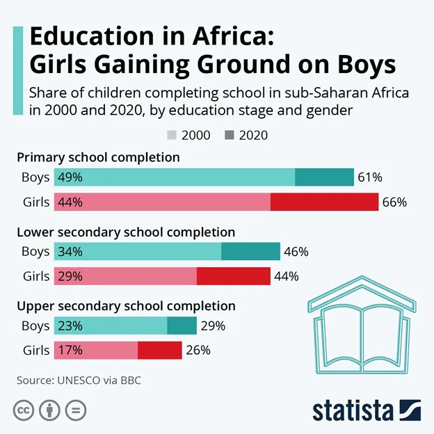 (c) Statista. There are 76 literate women in Sub-Saharan Africa for every 100 adult literate men.