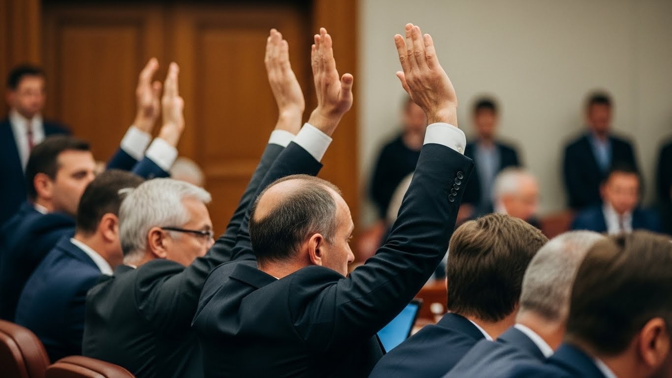 ImageFX. Men in suits at a meeting with a man in black suit raising up his hand