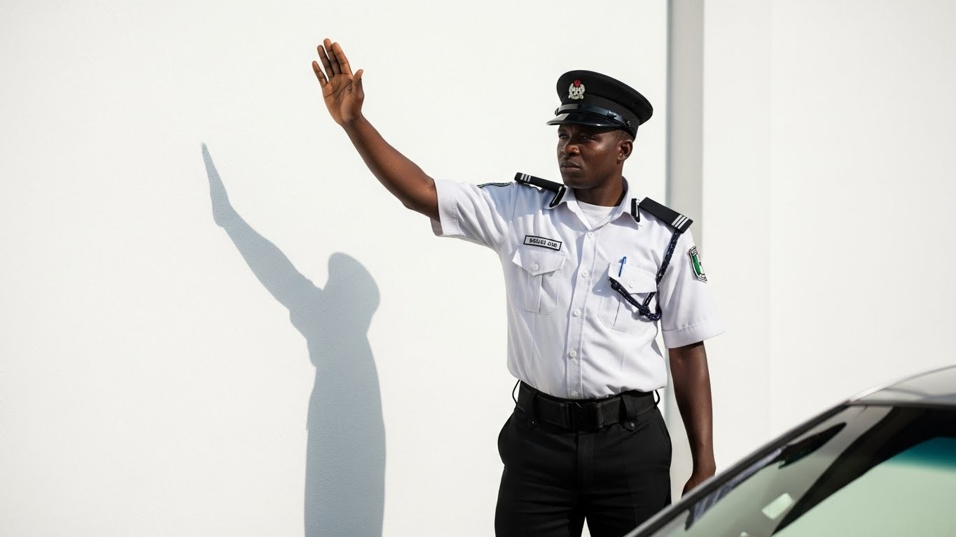 ImageFx. Man in white shirt and black pants standing near white wall